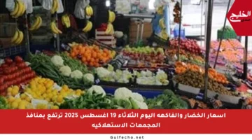 أسعار الخضار والفاكهة اليوم الثلاثاء 19 أغسطس 2025 ترتفع بمنافذ المجمعات الاستهلاكية
